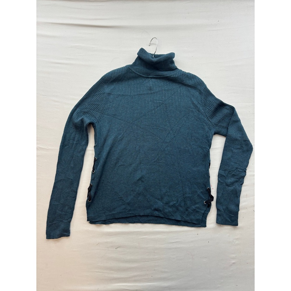 John + Jenn Teal Ribbed Turtleneck Sweater Lace Up Sides Medium